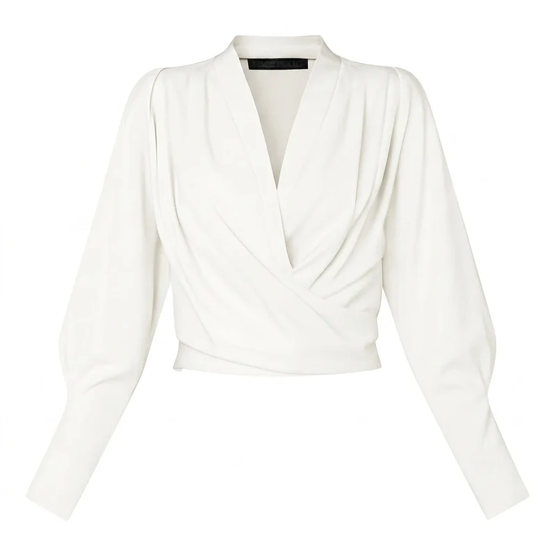 Damen-Bluse mit V-Ausschnitt, Wickeloptik und Puffärmeln