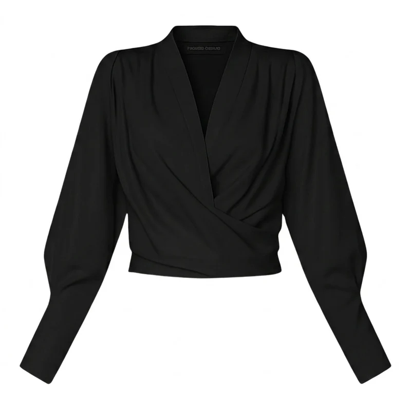 Damen-Bluse mit V-Ausschnitt, Wickeloptik und Puffärmeln