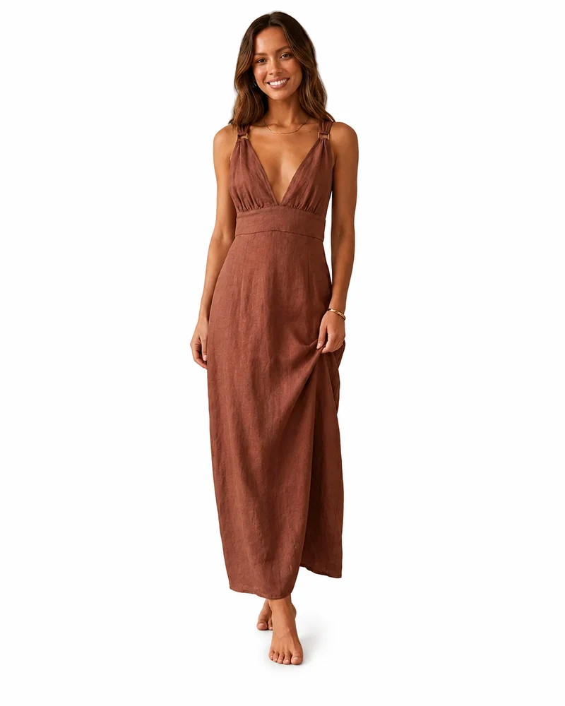 Damen Maxikleid mit Tiefem V-Ausschnitt