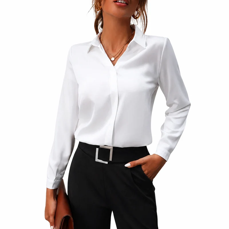 Damen Langarm Bluse mit Kragen und verdeckter Knopfleiste