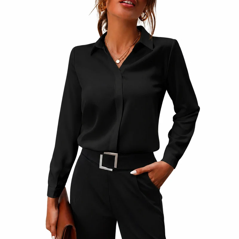 Damen Langarm Bluse mit Kragen und verdeckter Knopfleiste