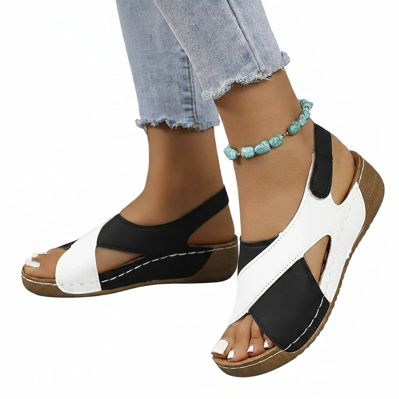 Damen-Sandalen mit Keilabsatz, offener Zehenpartie und Klettverschluss