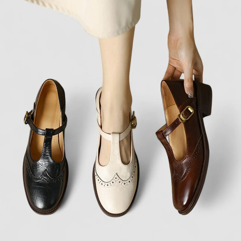 Damen Mary Jane Halbschuhe mit T-Riemen und Lochmuster