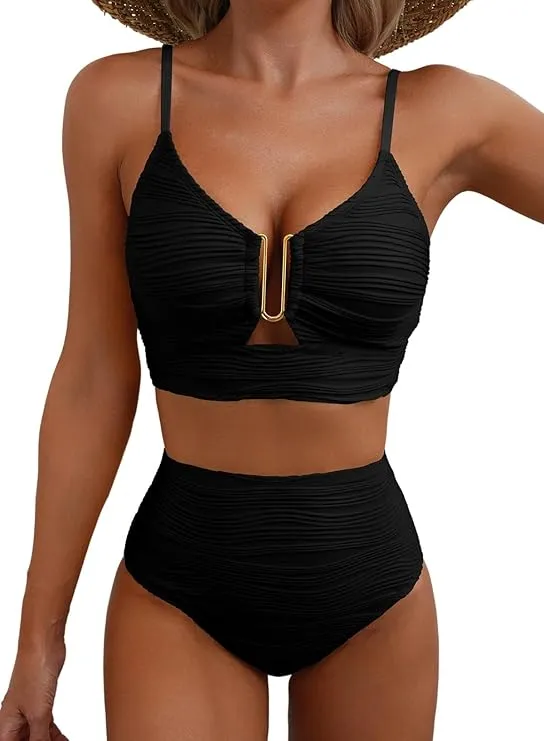 Damen-Bikini mit strukturierter Oberfläche und U-förmigem Metallelement