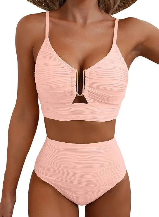 Damen-Bikini mit strukturierter Oberfläche und U-förmigem Metallelement