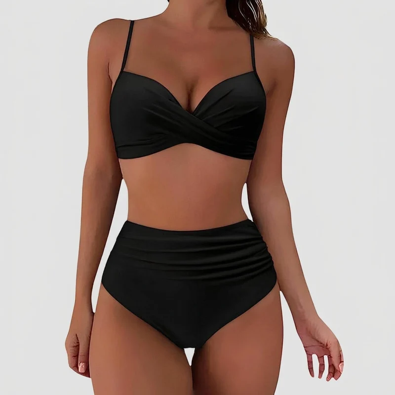 Damen-Bikini mit gekreuztem Oberteil und hoch geschnittener Hose mit Raffungen