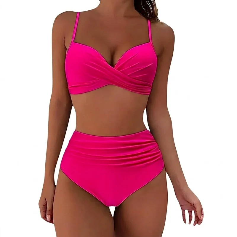 Damen-Bikini mit gekreuztem Oberteil und hoch geschnittener Hose mit Raffungen