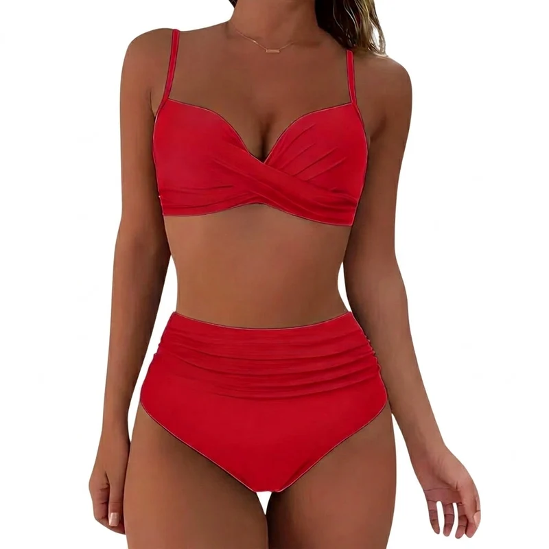 Damen-Bikini mit gekreuztem Oberteil und hoch geschnittener Hose mit Raffungen