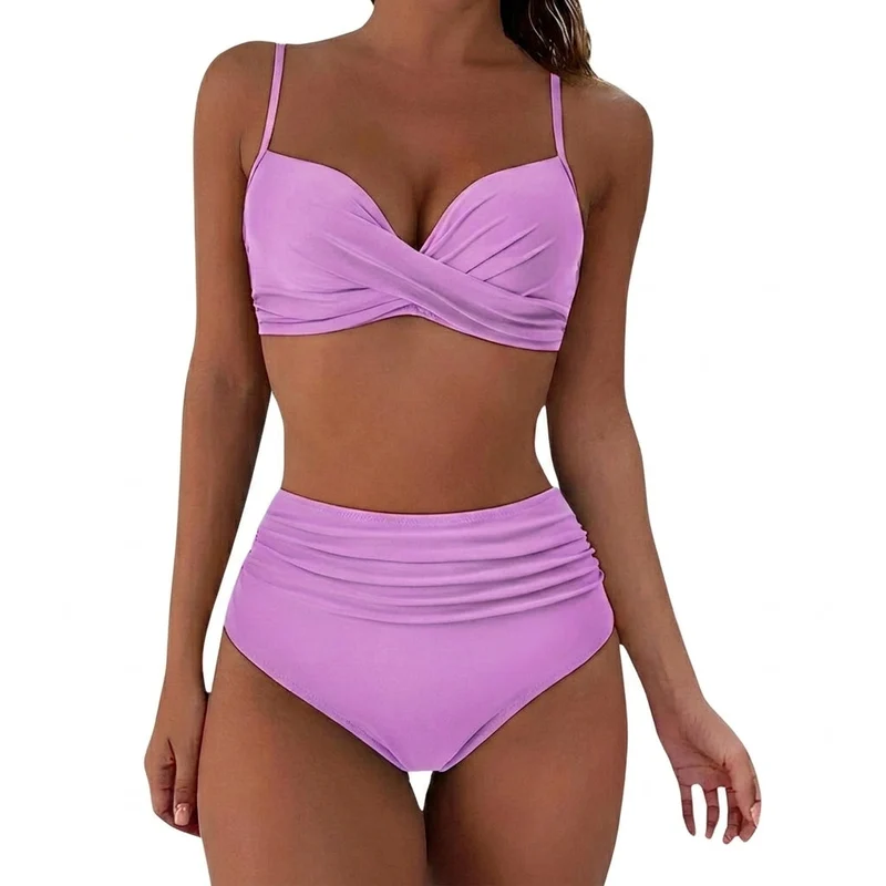 Damen-Bikini mit gekreuztem Oberteil und hoch geschnittener Hose mit Raffungen