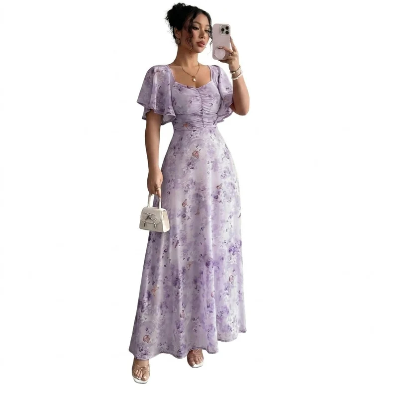 Damen-Maxikleid mit Flatterärmeln, Herzausschnitt und Blumenmuster