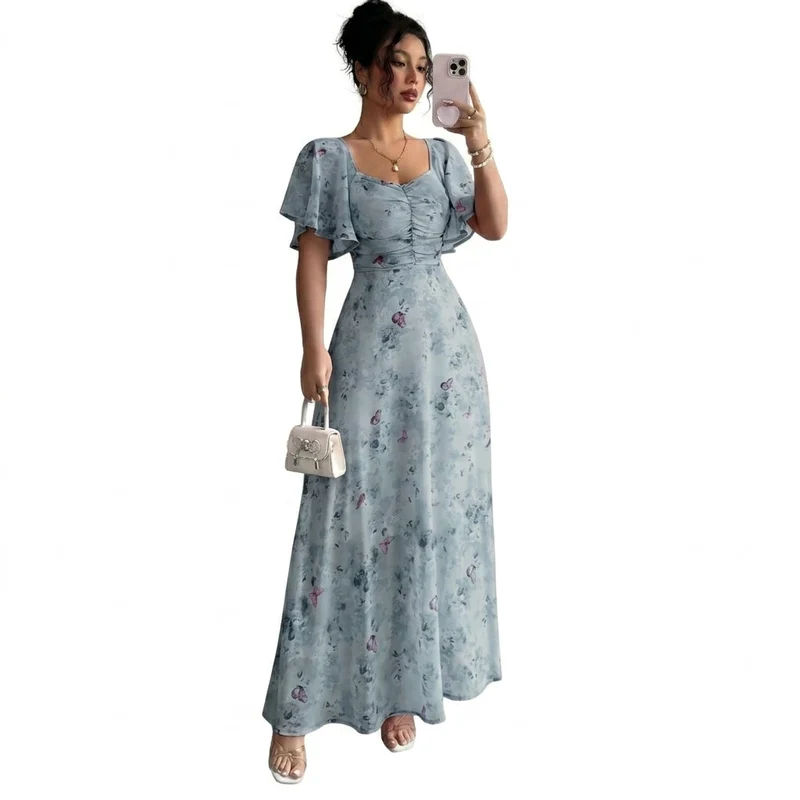 Damen-Maxikleid mit Flatterärmeln, Herzausschnitt und Blumenmuster