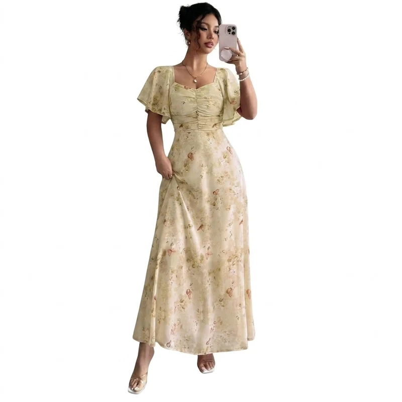 Damen-Maxikleid mit Flatterärmeln, Herzausschnitt und Blumenmuster