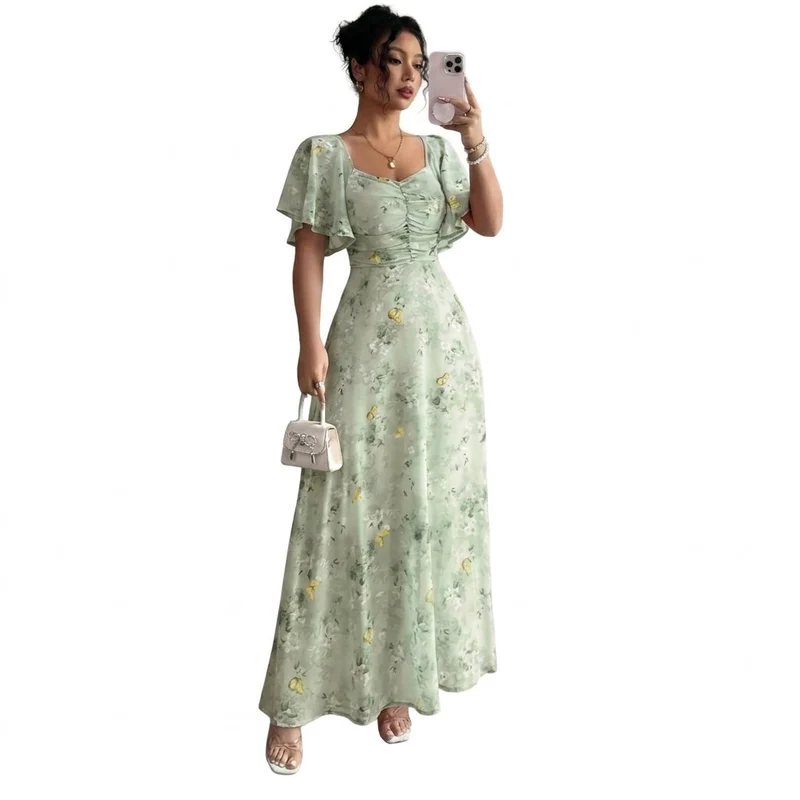 Damen-Maxikleid mit Flatterärmeln, Herzausschnitt und Blumenmuster