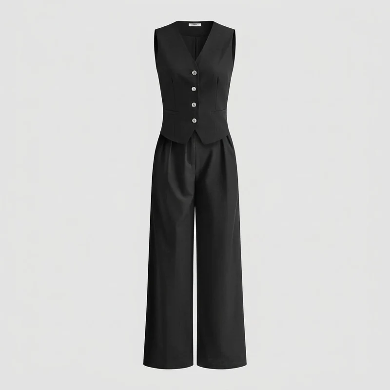 Damen-Set aus Weste mit Knopfleiste und Hose mit weitem Bein