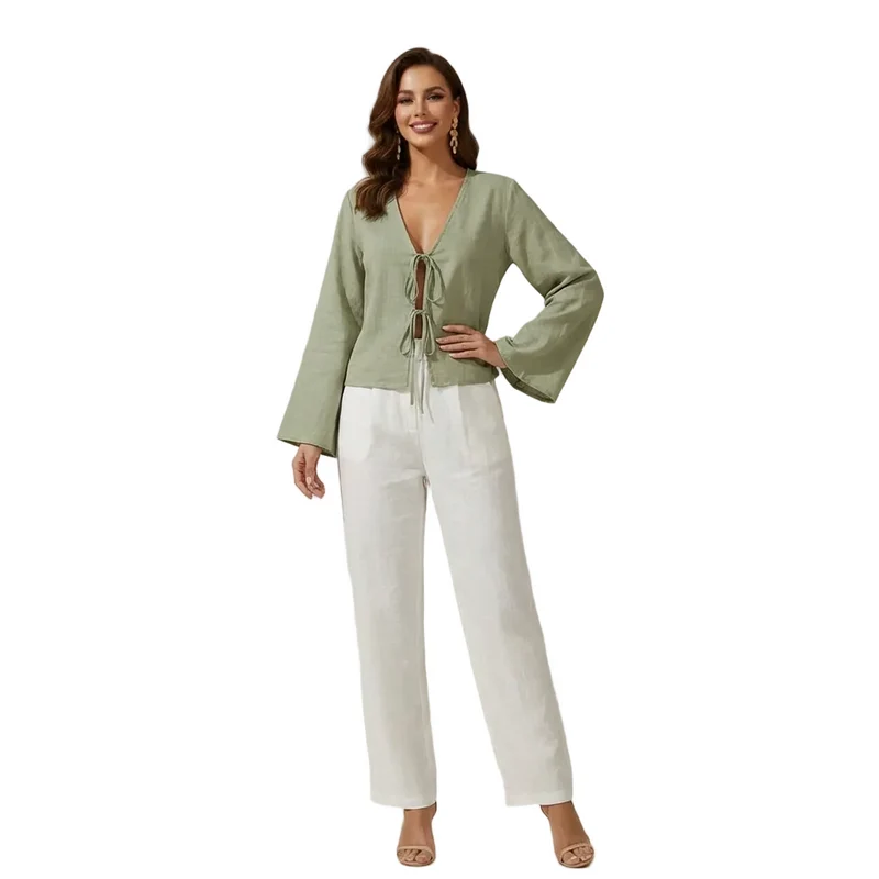 Damen Crop-Top mit langen Ärmeln und Bindevorderseite