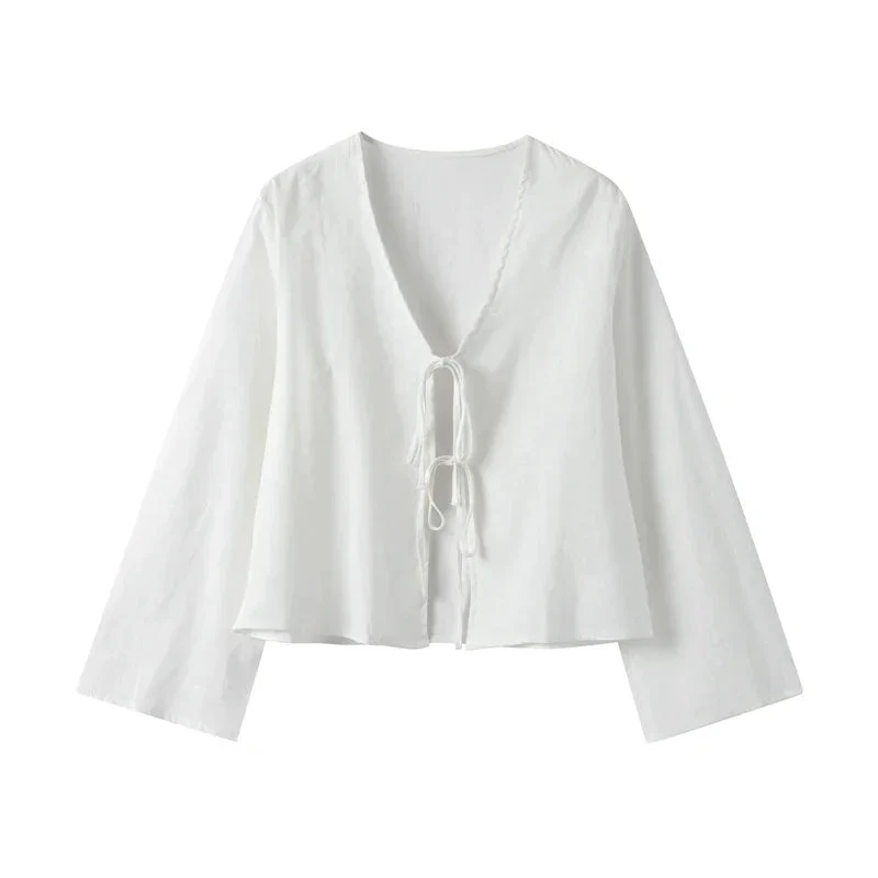 Damen Crop-Top mit langen Ärmeln und Bindevorderseite