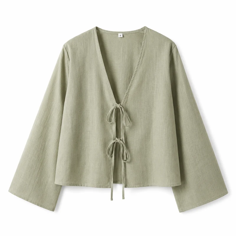 Damen Crop-Top mit langen Ärmeln und Bindevorderseite
