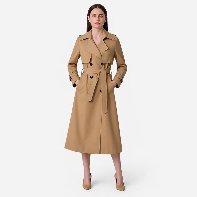 Damen Zweireihiger Trenchcoat mit Gürtel und Reverskragen sowie Ärmelriemen