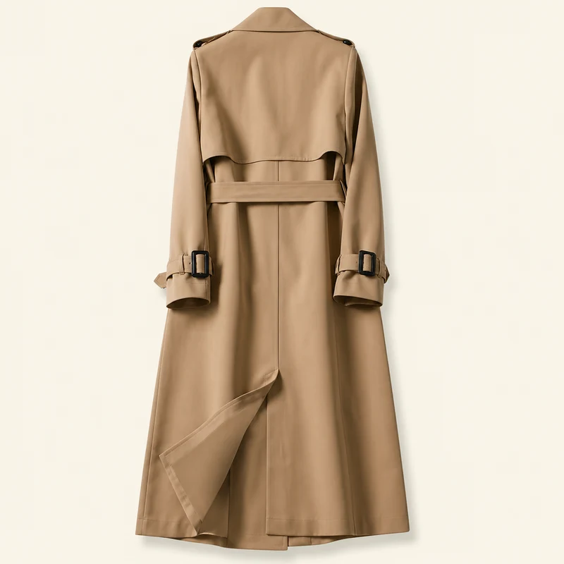 Damen Zweireihiger Trenchcoat mit Gürtel und Reverskragen sowie Ärmelriemen
