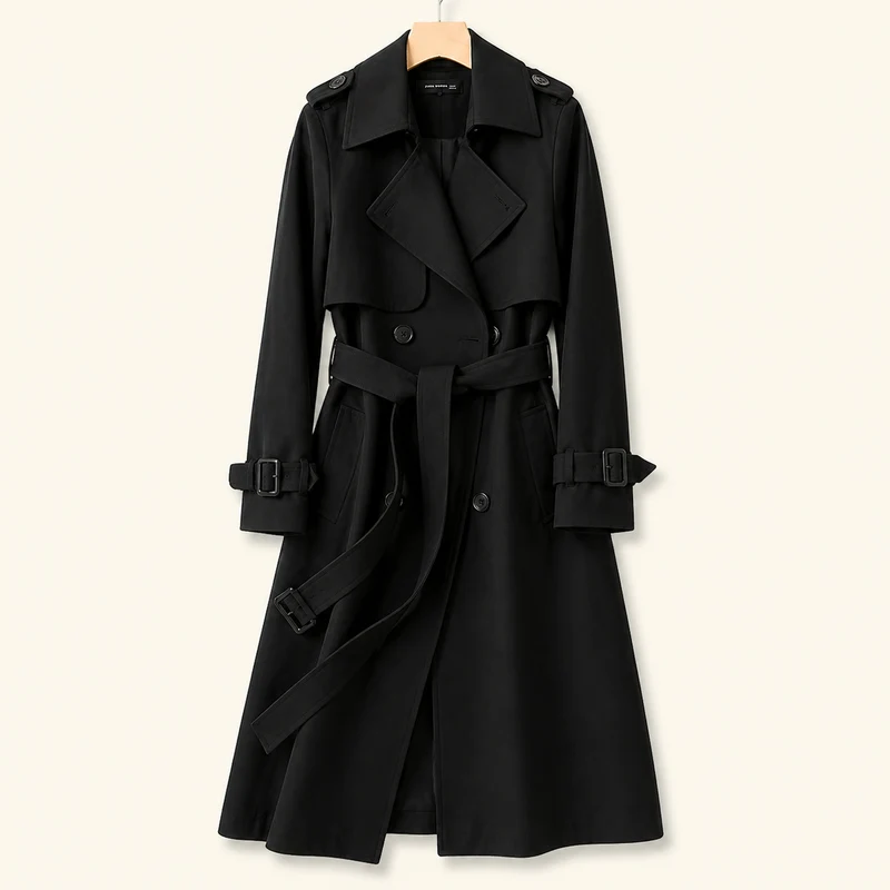 Damen Zweireihiger Trenchcoat mit Gürtel und Reverskragen sowie Ärmelriemen