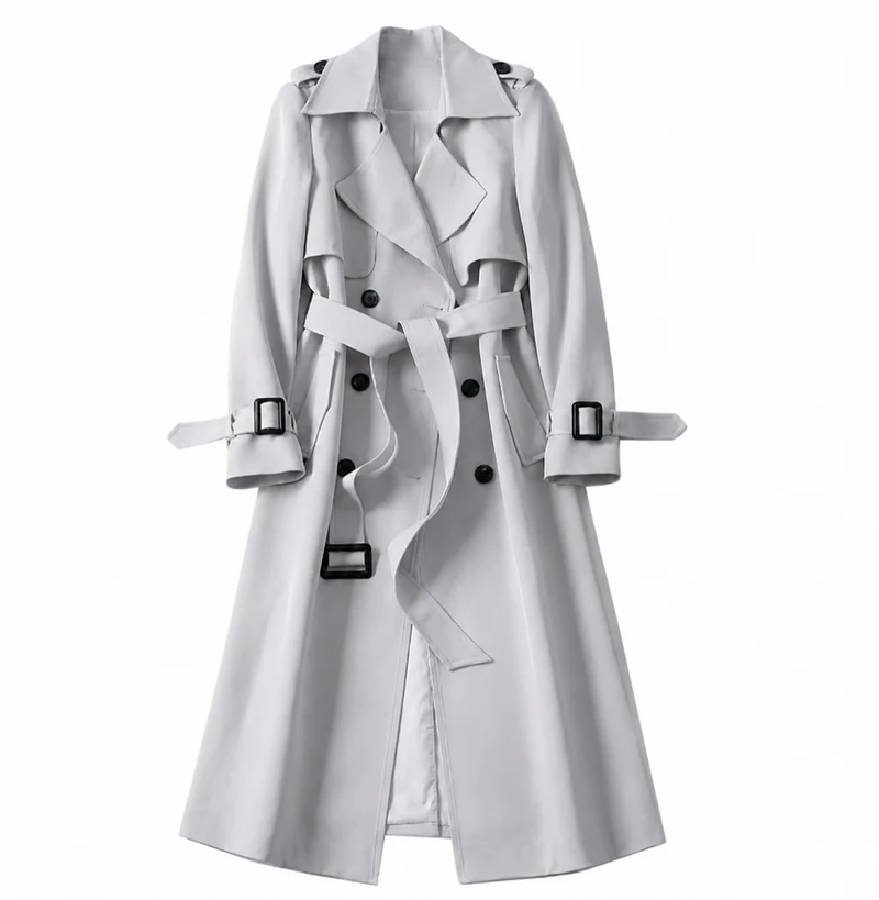 Damen Zweireihiger Trenchcoat mit Gürtel und Reverskragen sowie Ärmelriemen