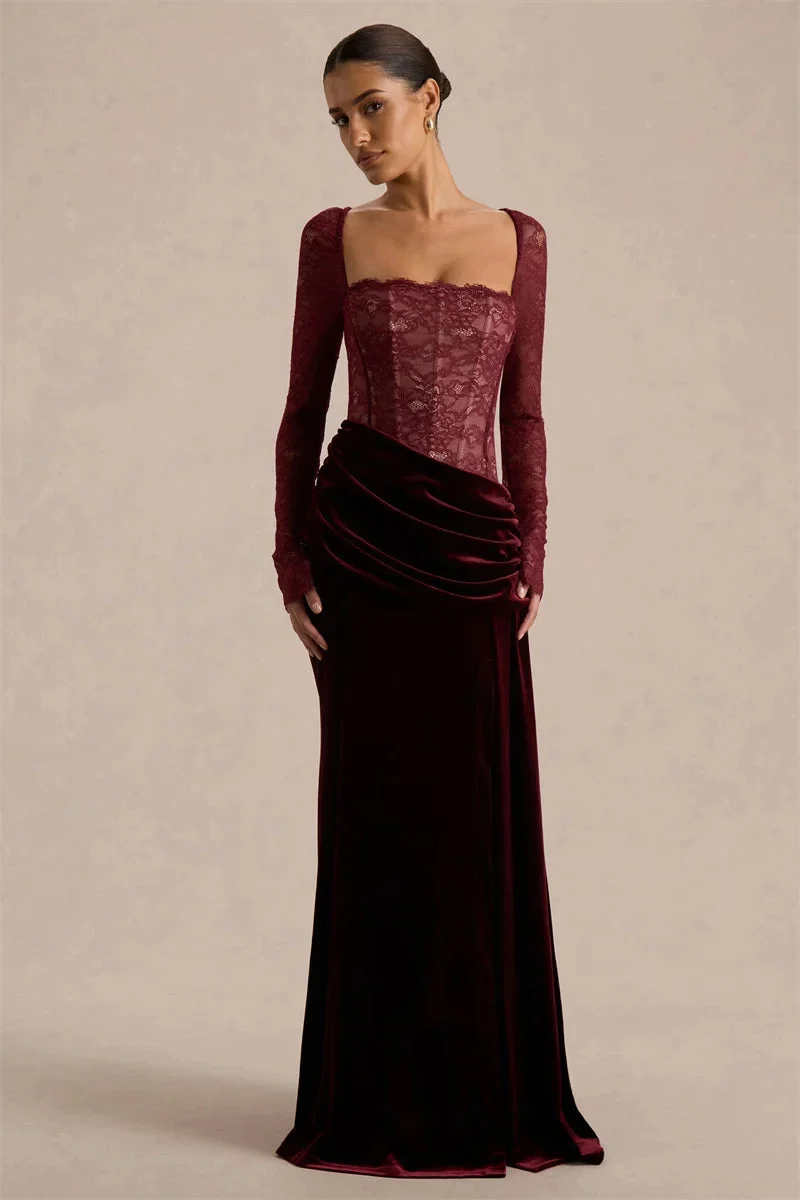 Damen Maxikleid mit Spitzenoberteil und Schlitzrock