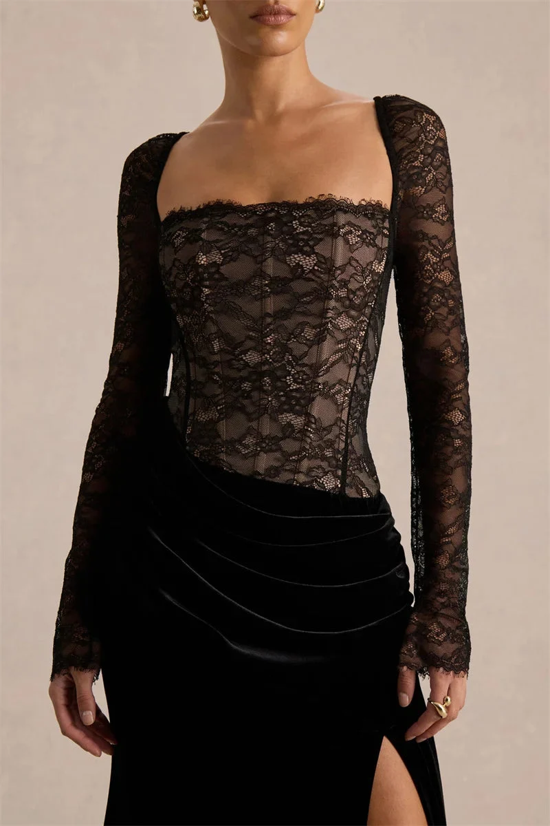Damen Maxikleid mit Spitzenoberteil und Schlitzrock