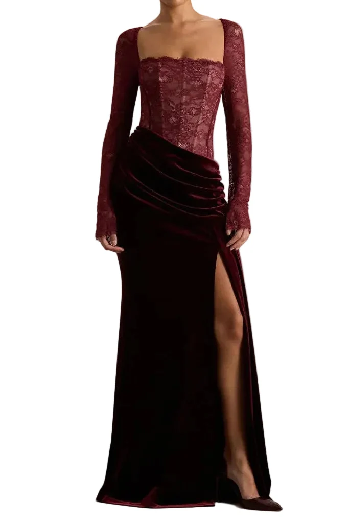 Damen Maxikleid mit Spitzenoberteil und Schlitzrock