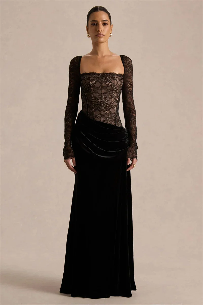 Damen Maxikleid mit Spitzenoberteil und Schlitzrock