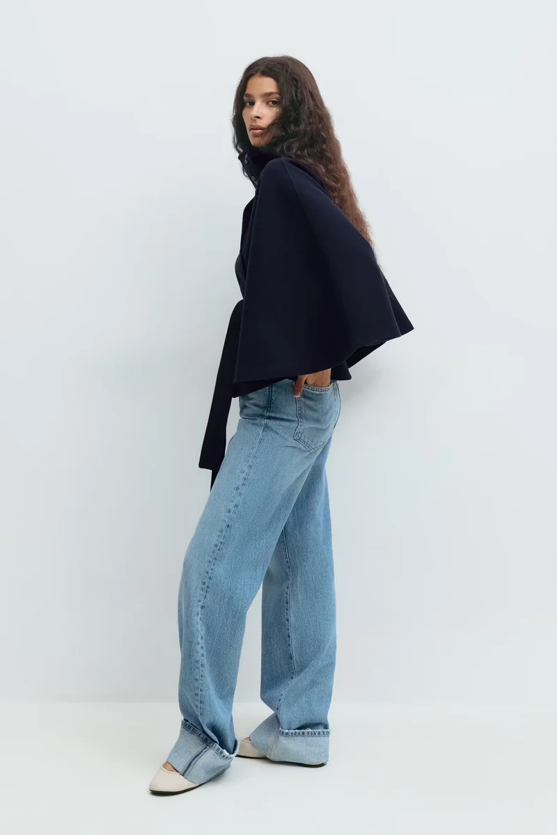 Damen Capejacke mit Stehkragen und Bindegürtel