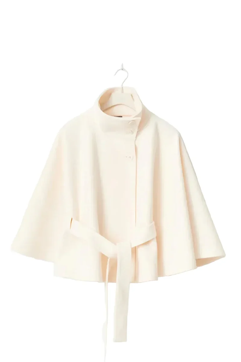 Damen Capejacke mit Stehkragen und Bindegürtel