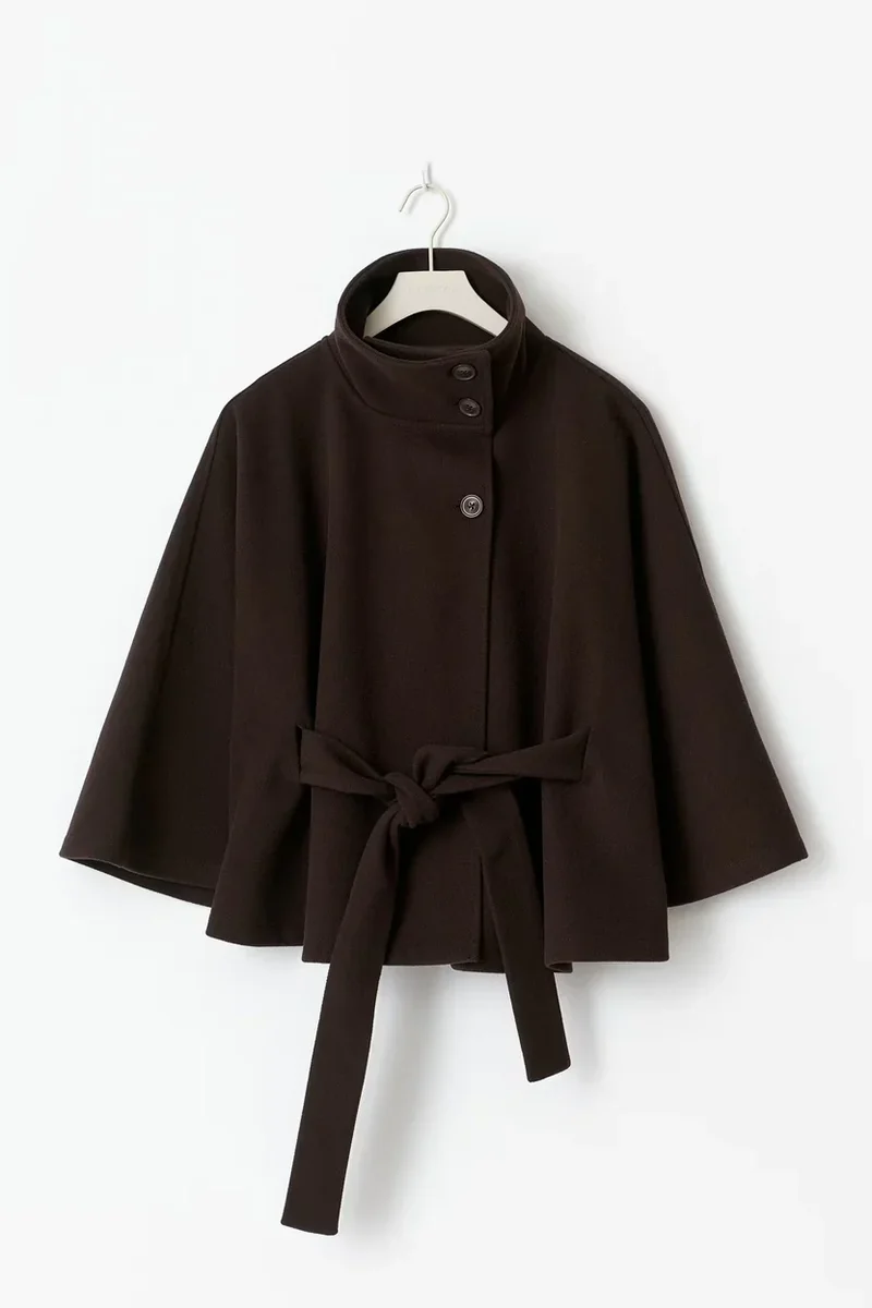 Damen Capejacke mit Stehkragen und Bindegürtel