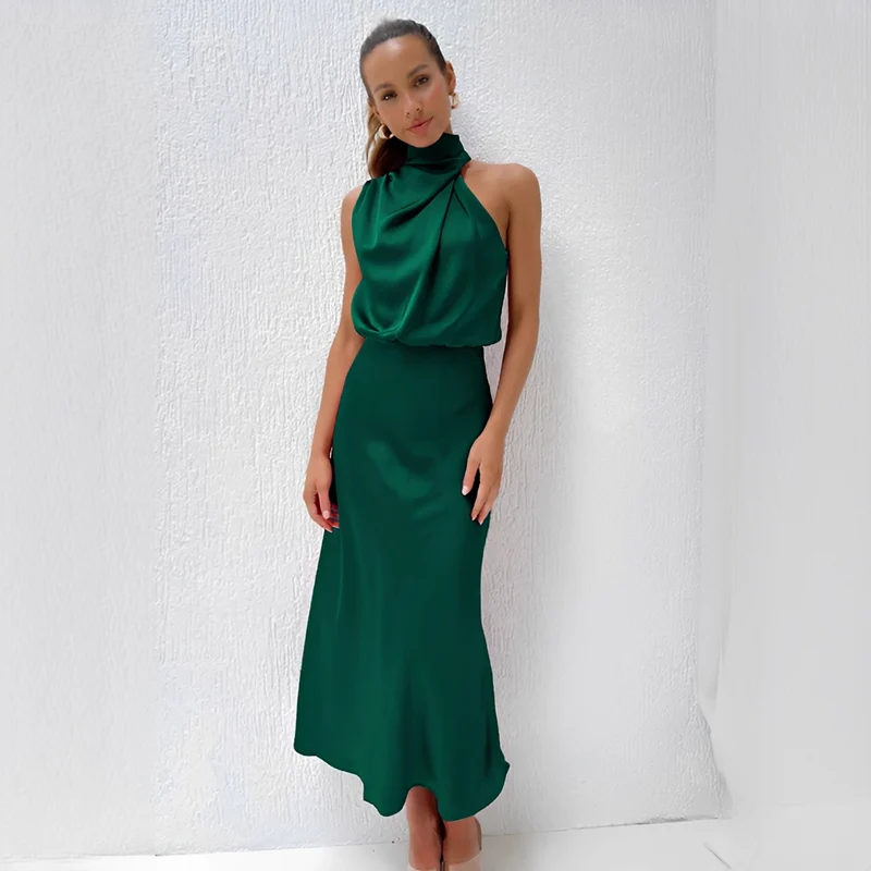 Damen Midikleid mit Halterkragen und drapiertem Oberteil