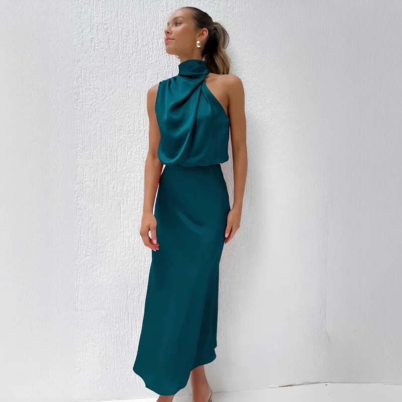 Damen Midikleid mit Halterkragen und drapiertem Oberteil
