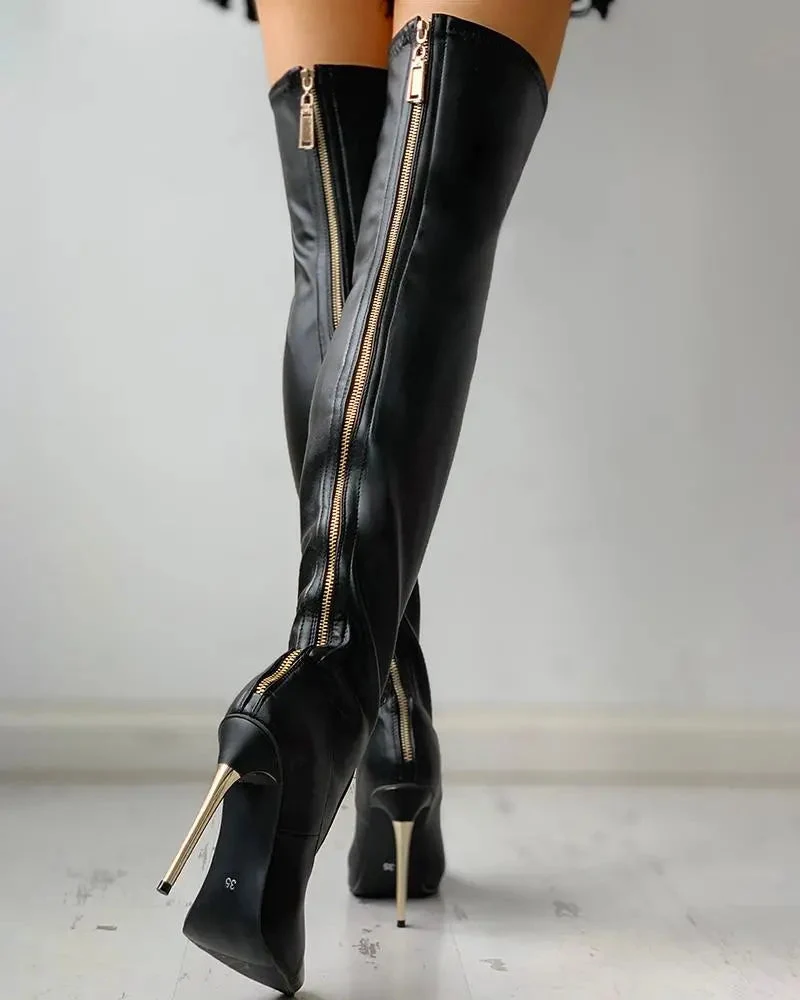 Damen Overknee Stiefel mit Reißverschluss und Absatz