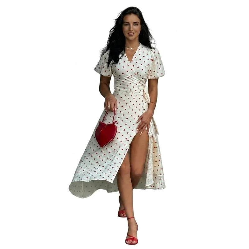 Damen-Midi-Wickelkleid mit Puffärmeln und Blumenmuster