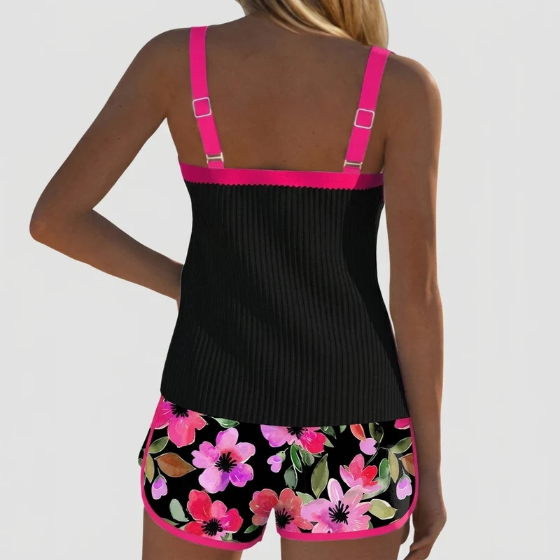 Damen-Tankini-Set mit geripptem Oberteil und gemusterten Shorts