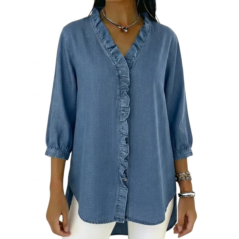 Damen-Bluse mit Rüschenbesatz und 3/4-Ärmeln