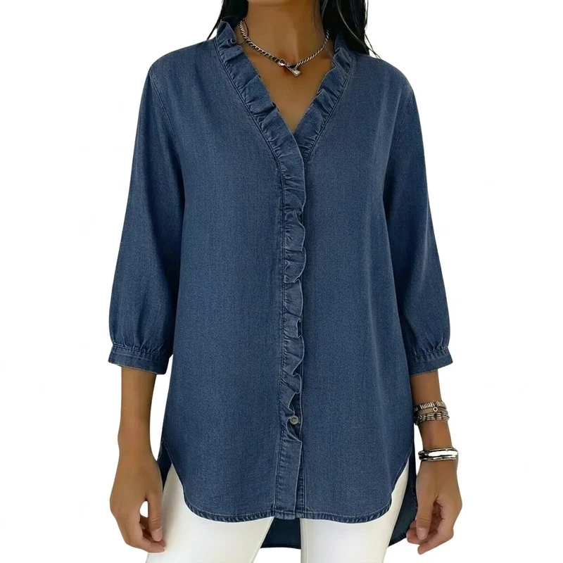 Damen-Bluse mit Rüschenbesatz und 3/4-Ärmeln
