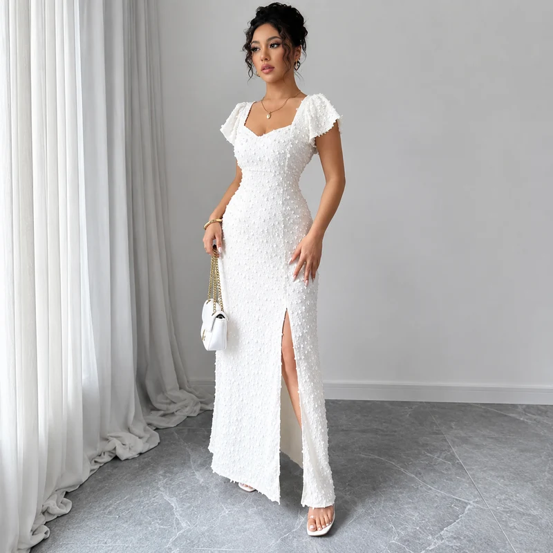 Damen Maxikleid mit Strukturmuster und Frontschlitz