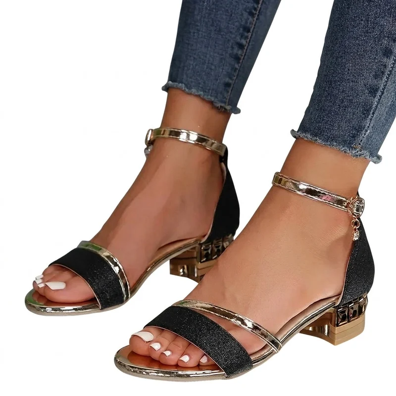 Damen-Sandalen mit strukturiertem Blockabsatz und Knöchelriemen
