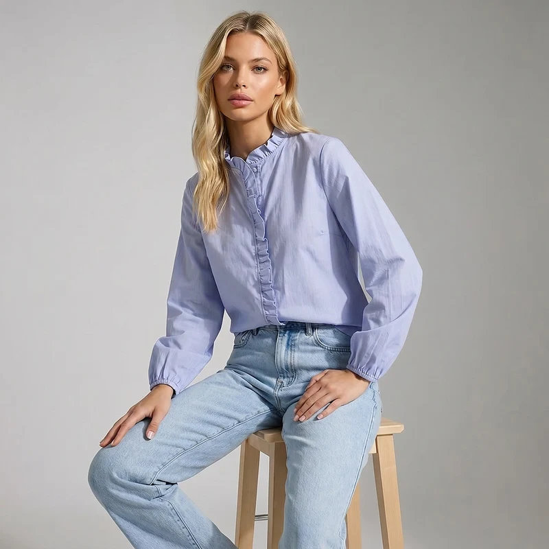 Damen-Bluse mit Rüschendetails und elastischen Ärmelbündchen