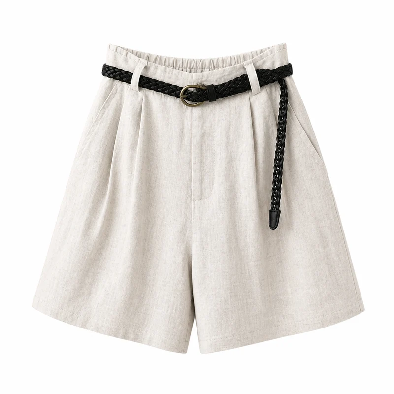 Damen Shorts mit hohem Bund, Falten, Gürtelschlaufen und Seitentaschen
