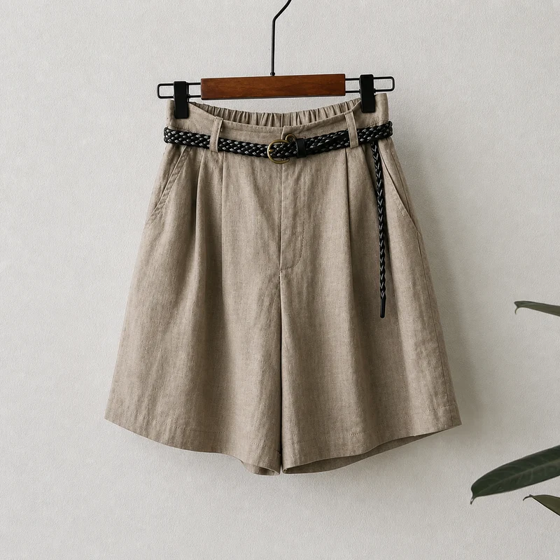 Damen Shorts mit hohem Bund, Falten, Gürtelschlaufen und Seitentaschen
