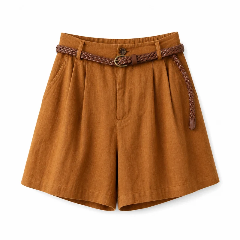 Damen Shorts mit hohem Bund, Falten, Gürtelschlaufen und Seitentaschen
