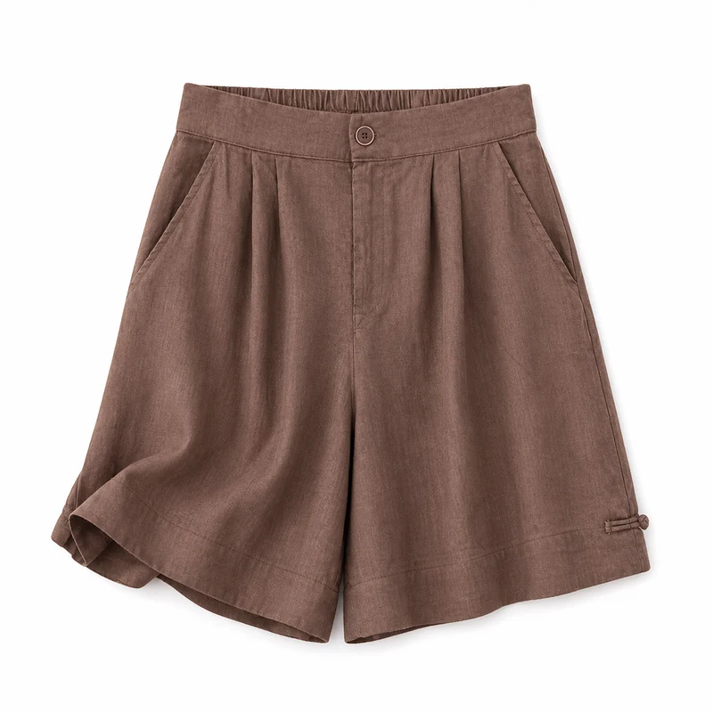 Damen Shorts mit hohem Bund, Knopfverschluss, Falten und Seitentaschen