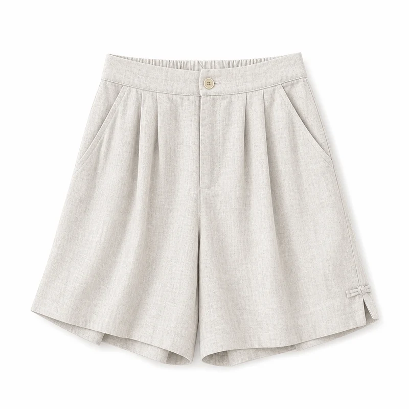 Damen Shorts mit hohem Bund, Knopfverschluss, Falten und Seitentaschen