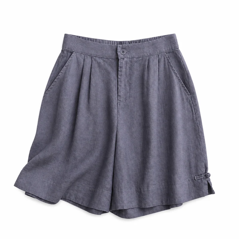 Damen Shorts mit hohem Bund, Knopfverschluss, Falten und Seitentaschen