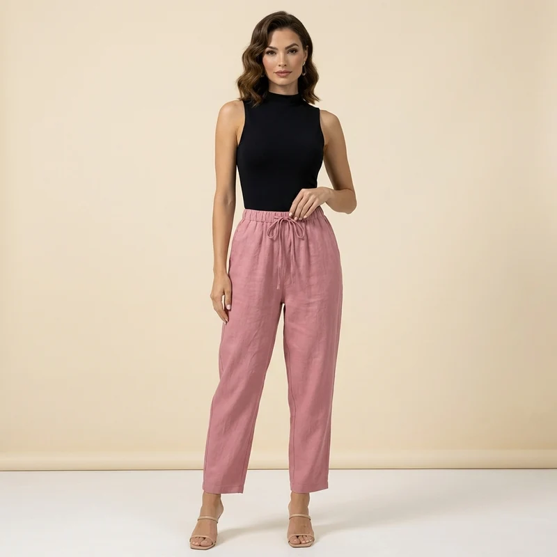 Damenhose mit hohem Bund, weitem Bein, Kordelzug und Seitentaschen