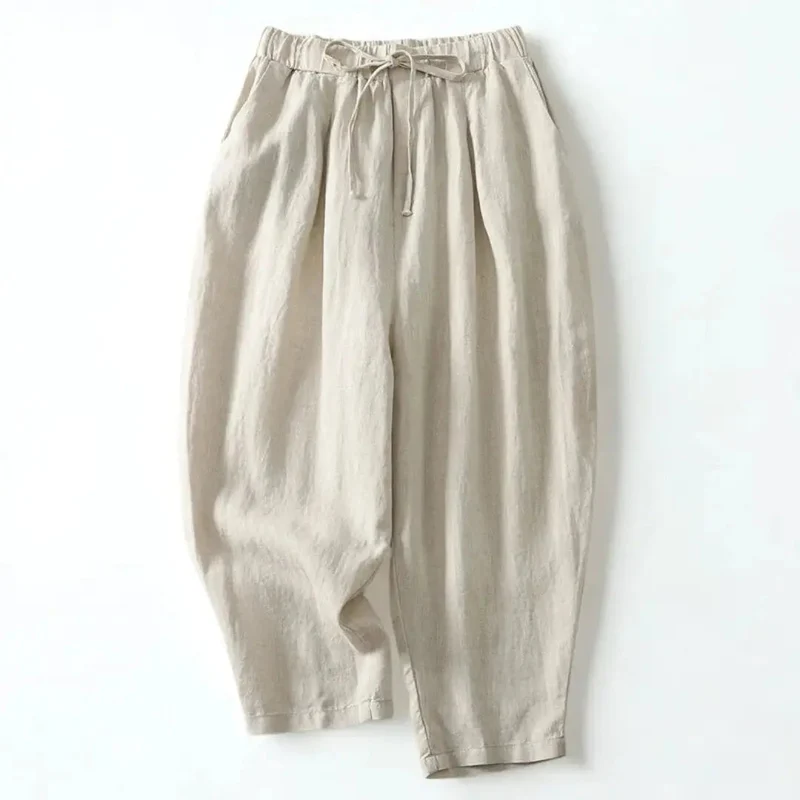 Damenhose mit hohem Bund, weitem Bein, Kordelzug und Seitentaschen
